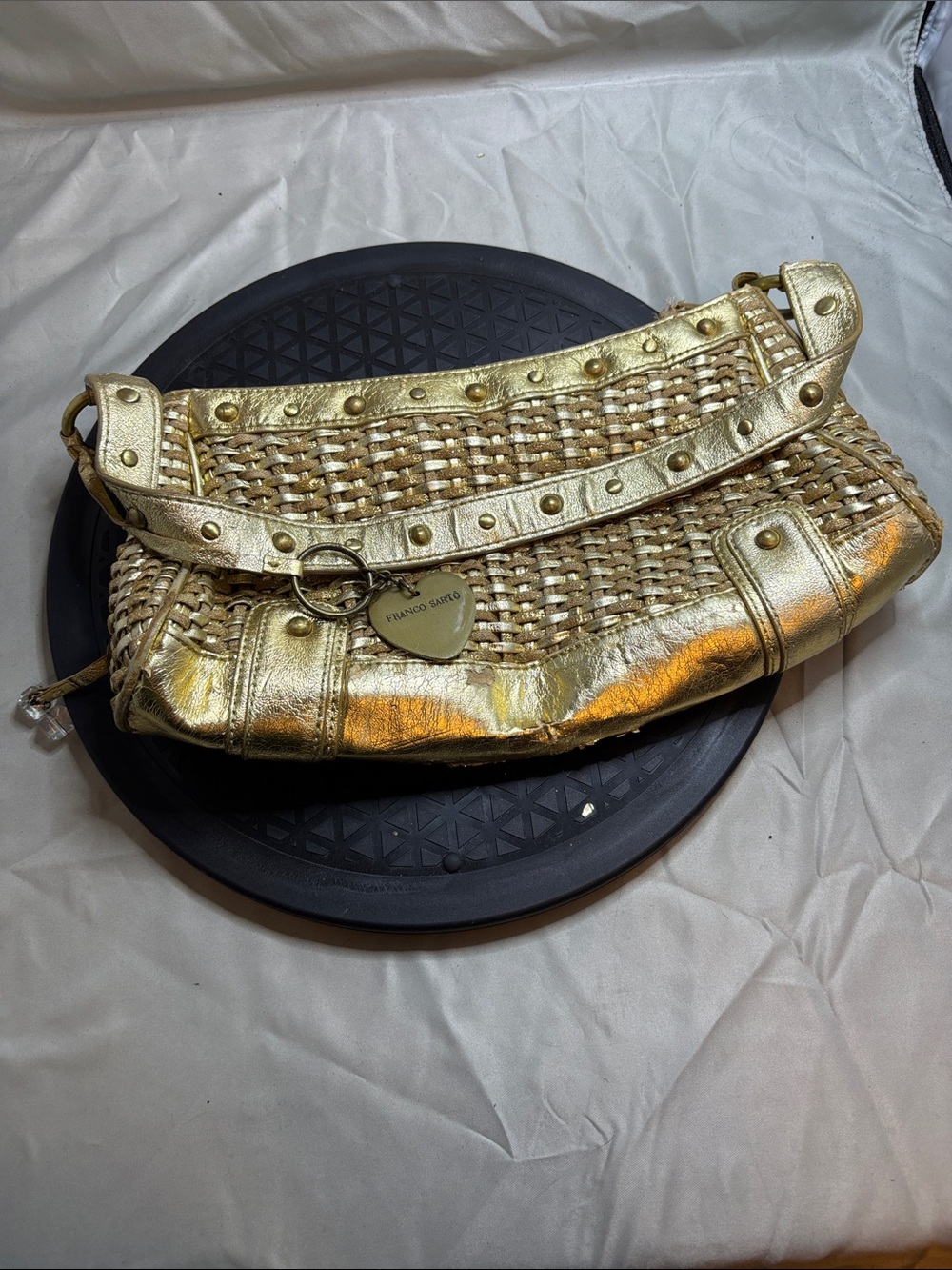 Franco Sarto Metallic Gold Woven Shoulder Bag with Heart Charm